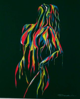 Cuadro pintado con pintura fluorescente en la oscuridad en el taller de pintura y vino de vinoyarte en lloret de mar