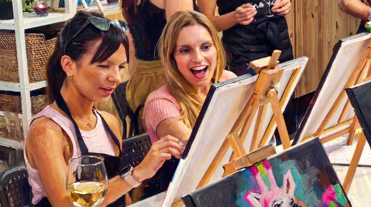 grupo de amigas en el taller de pintura con acrílico y cata de vinos de vinoyarte.